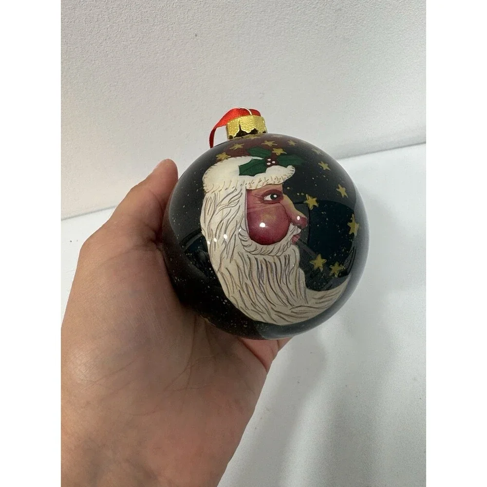 HAND BLOWN  REVERSE PAINTING ON GLASS SANTA Moon Face Double Sided Ornament